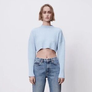 Zara Light Blue Cropped Ribbed Knit Sweater Size Medium‎